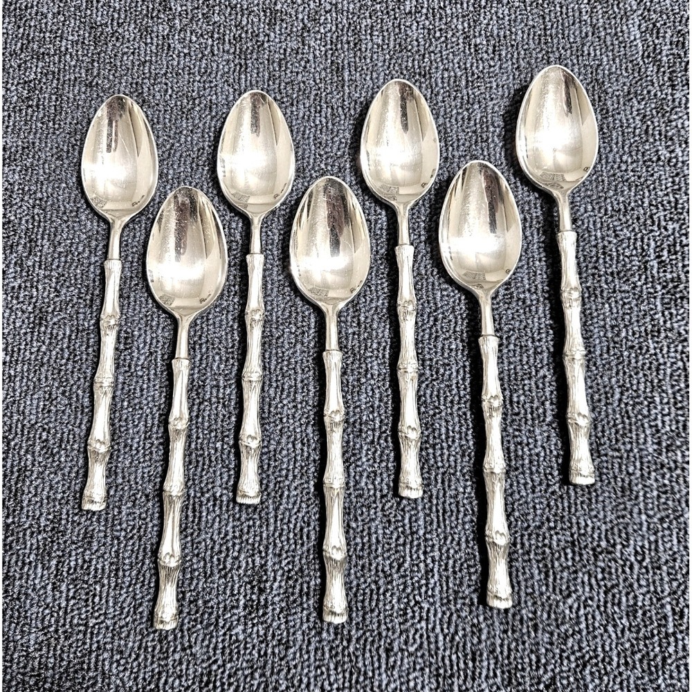 Oxford Hall JADE Teaspoons 6.5" Textured Bamboo Cane Stainless Flatware Set Of 7